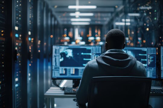 Cybersecurity expert analyzing complex data in a modern server room environment.