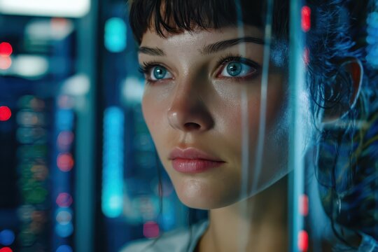 Intense blue eyes of a young woman in a futuristic glowing tech interface.