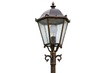 Isolated vintage outdoor street lamp. Decorative garden lighting post, no background