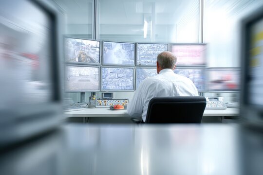 Man monitoring multiple screens in a modern control room or operations center overseeing crucial data.