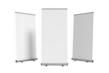 Three blank white roll up banner stands for advertising and promotion isolated on transparent background