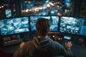 A person monitoring multiple security camera feeds and complex data in a modern control room at night.