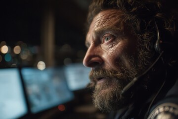 Bearded man with headset focused on monitors in a dark control room.