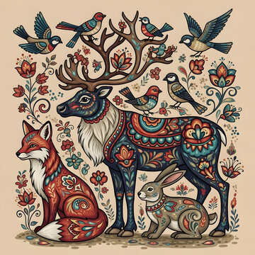 Folk Art Forest Animals Illustration | Highly Detailed Reindeer, Fox, and Rabbit with Scandinavian Traditional Ornament | Decorative Wildlife Vector