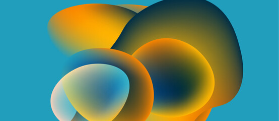 Abstract shapes overlap, creating vibrant color gradients. Orange, blue hues dominate composition. Smooth transitions define forms.