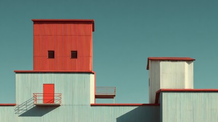 Vibrant red and blue geometric structures rise against a clear sky, showcasing eye-catching modern architecture with unique shapes.