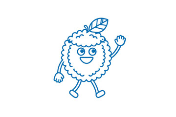 Blue cartoon rambutan character with a leaf is walking and waving hello