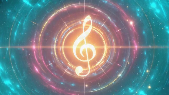 Abstract glowing treble clef symbol in a cosmic vortex of colorful light and energy, representing music and sound 4k video
