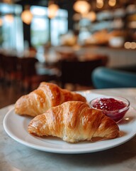 Fresh Baked Golden Croissants with Butter and Jam on a Plate