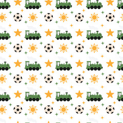 Playful travel seamless pattern with steam train, sun, football ball, stars for textiles