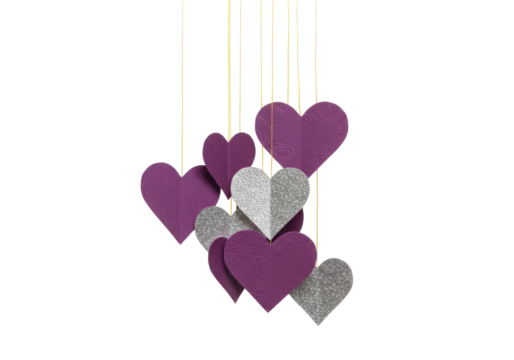 Isolated Arrangement of Hearts Hanging from Above on Thin Strings for Valentine's Day