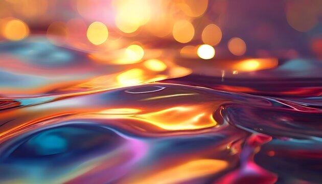 Abstract close-up of flowing, reflective, and iridescent liquid with blurred bokeh lights. - Powered by Adobe