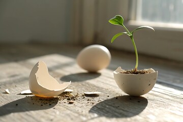 Plant Sprouting from a Cracked Eggshell on a Wooden Surface