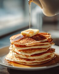 Stack of American Pancakes Being Drizzled with Syrup