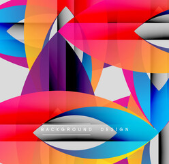 Abstract geometric shapes overlap, creating vibrant colorful design. Dynamic composition uses gradients, curves, sharp angles. Modern aesthetic.