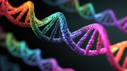 A detailed 3D rendering of a DNA helix displaying intricate structures and vibrant colors, highlighting the complexity of genetic materials.