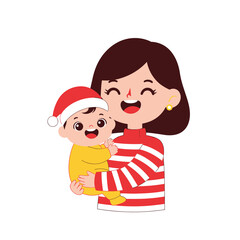 Joyful mother holding baby in Christmas attire celebrating the holidays.