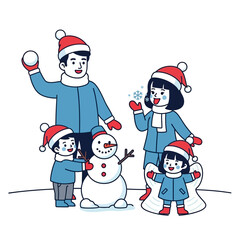 Happy cartoon family building a snowman together in winter.