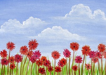 Acrylic painting of beautiful blooming flowers with a cloudy blue sky background. Artwork painting of flowers blooming in a garden with a beautiful blue sky using acrylic paint.