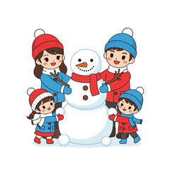 Fototapeta premium Happy family building a snowman together in winter clothes.