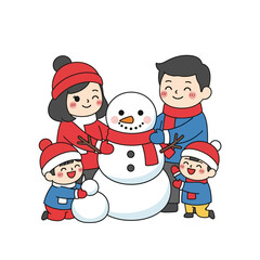 Happy family building a snowman together in winter.