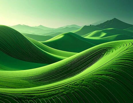 A vibrant, verdant vista of rolling hills, bathed in soft sunlight, with distant mountains under a pale sky. Lush green fields