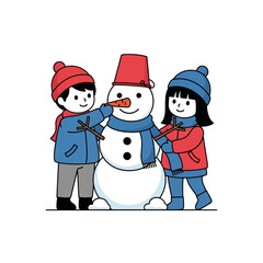 Two cute cartoon children building a snowman together in winter.