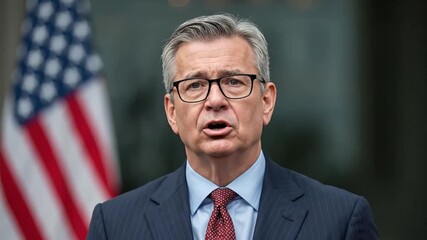 Confident Male Executive in Suit and Glasses Speaking with American Flag in Background, Symbolizing National Leadership and Professional Communication - Powered by Adobe