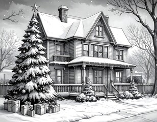Winter scene Snowy house with Christmas tree and presents in monochrome