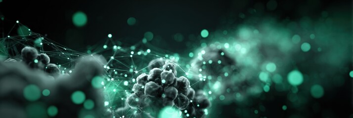 Abstract design showcases complex molecular structures intertwined with glowing particles, creating a visually striking green scene in a dark atmosphere.