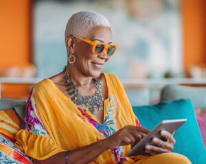 Stylish African American senior woman with short white hair, wearing bright yellow clothes and sunglasses, happily using a digital tablet in a vibrant, modern interior.