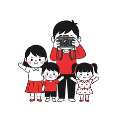 Family portrait capturing the moment with a camera, smiling and happy together.