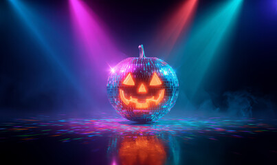 Halloween disco ball pumpkin with glowing face under colorful lights for spooky party celebration
