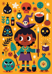 Cute African American Witch Halloween Illustration Vector Art