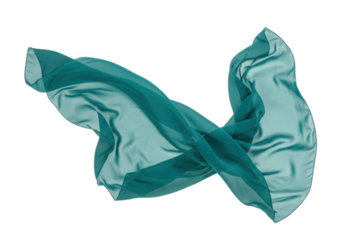 Isolated, teal-colored silk scarf blowing in wind, flowing lightweight fabric texture element