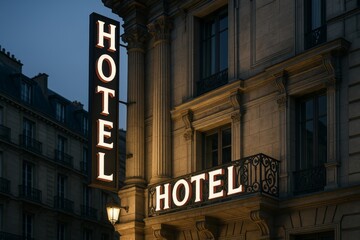 Obraz premium Elegant hotel facade with illuminated signage on classic building at dusk, showcasing hospitality and travel concept in urban architecture style. Ai generative