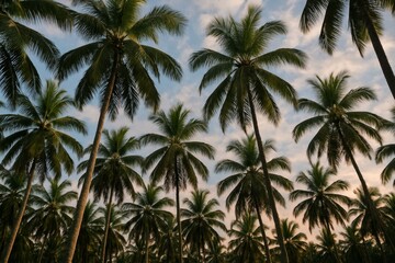 Fototapeta premium Tropical palm tree forest with tall coconut trees under soft sunset sky, symbolizing exotic vacation and relaxation concept in nature paradise. Ai generative
