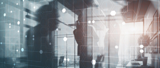 Technology industrial business process workflow organisation structure on virtual screen. Honeycombs and binary code
