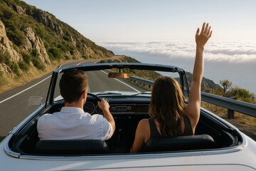 Couple driving convertible along scenic coastal road during sunset, woman raising hand joyfully, symbolizing freedom, adventure and travel concept. Ai generative