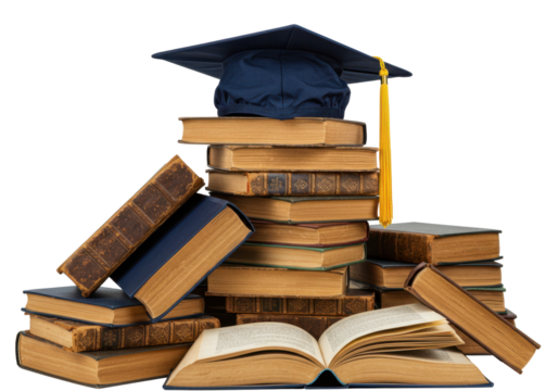Isolated Stack of vintage books with graduation cap on top. High educational concept