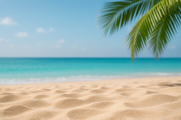 Obraz premium Idyllic tropical beach with soft golden sand, turquoise ocean, and palm leaf shade under a clear sky for travel or relaxation concept. Ai generative