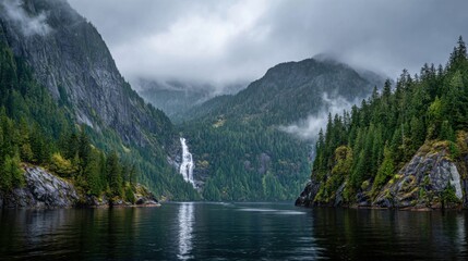 Fototapeta premium A quiet lake reflects the mountains under cloudy skies. A waterfall cascades down rocky cliffs while dense forests cover the mountainsides creating a serene nature scene.