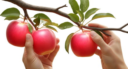 Hands picking ripe red apples from a tree branch isolated on transparent background
