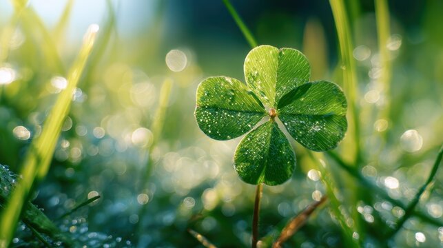 A green leaf with a diamond shape in the middle is surrounded by grass. Concept of freshness and growth, as the leaf and grass are both vibrant and healthy