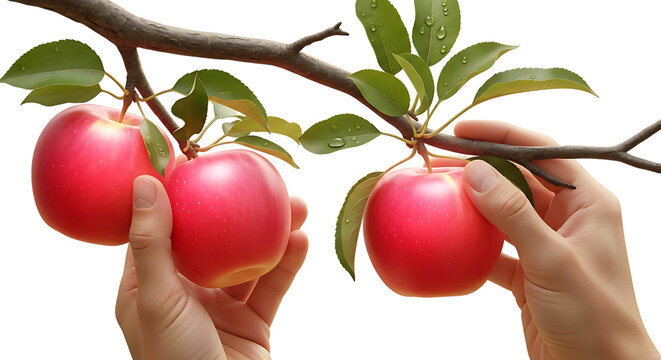 Hands picking ripe red apples from a tree branch isolated on transparent background