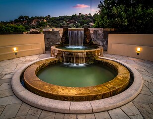 Outdoor tiered fountain with cascading water, stone steps, and scenic background