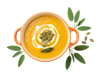 Isolated bowl of creamy pumpkin soup with sage and seeds, side view, culinary