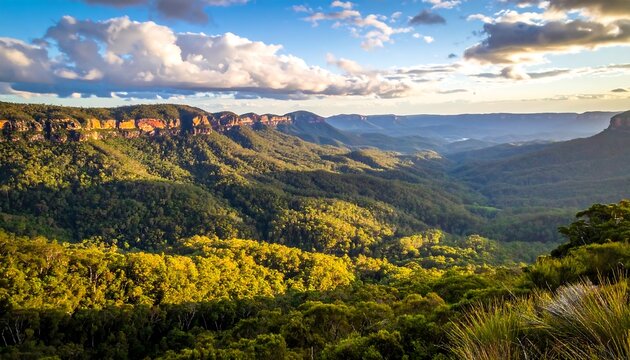 A vibrant landscape shows a deep valley surrounded by lush forests and rugged cliffs under a dramatic, cloud-filled sky during sunset