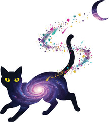 A cute black silhouette vector illustration of a domestic cat, mouse, and fish