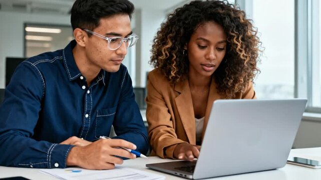 Diverse colleagues collaborating on laptop in office